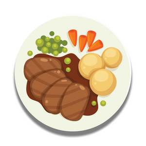 A plate of steak, potatoes, carrots, and peas.