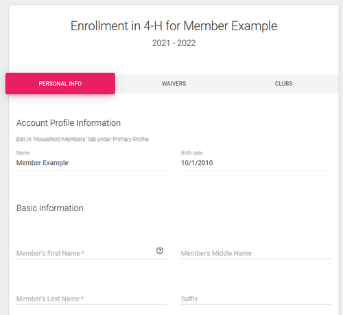 Screenshot of the enrollment form for a 4-H member in ZSuite