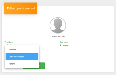 Screenshot of the form to add a volunteer to a ZSuite Household