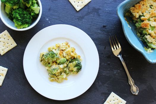 broccoli and corn bake on white plate