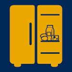 Icon of refrigerator with milk, cheese and eggs inside.