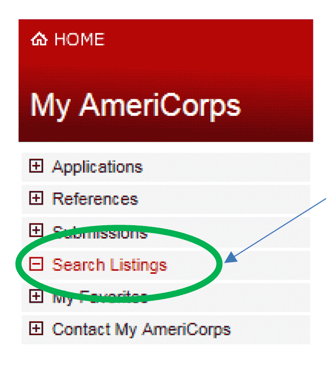 AmeriCorps application: My Americorps with Search Listing highlighted.
