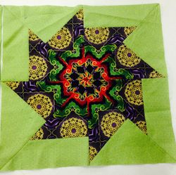 quilt block with light green border, black purple and yellow center
