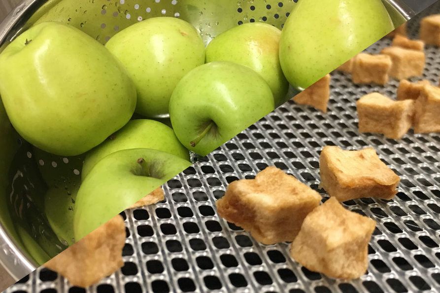 Golden delicious apples before smoking and drying on top, smoked apple chunks on bottom. 