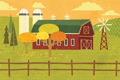 A panoramic artwork showing a farm scene with a barn