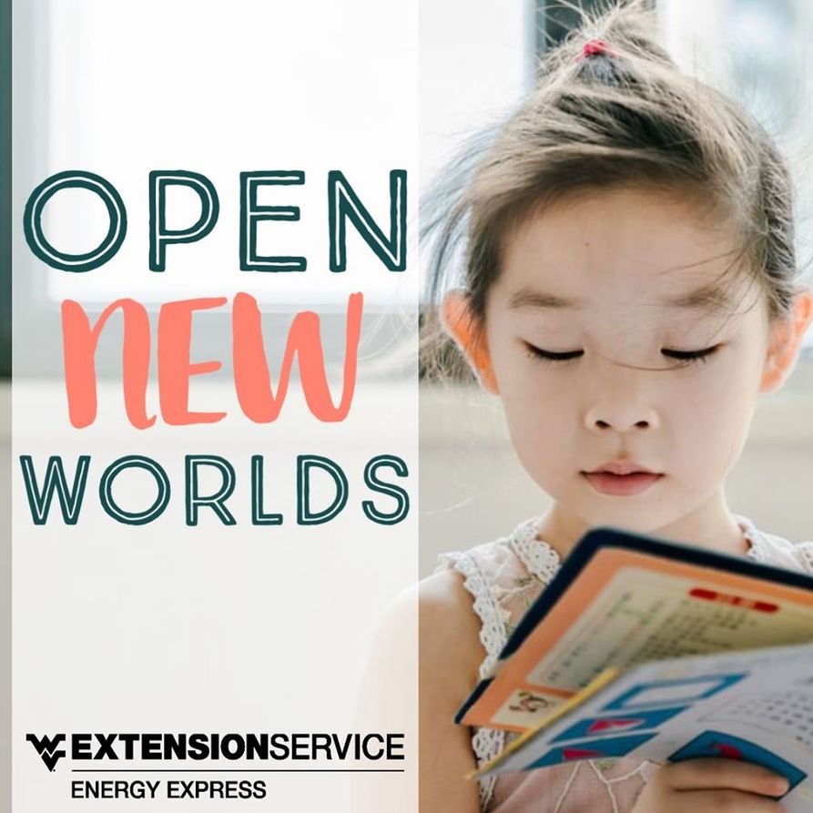 An image of a child reading with text: WVU Extension Service Energy Express - Open to New Worlds.