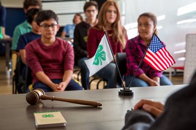 4-H members sitting in a room with a table that has the American flag and 4-H flag, a gavel, and notebook