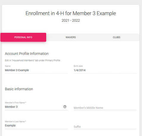 Screenshot of the re-enrollment form for a 4-H member in ZSuite