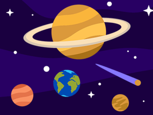 cartoon of space with planets, stars, and comets