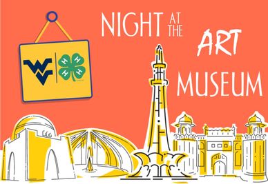 drawing of different buildings with a sign that holds the flying WV and 4-H clover.  The words Night at the Art Museum are on the graphic. 