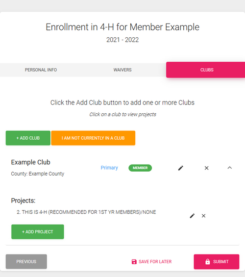 Screenshot of the project example for a 4-H member in ZSuite