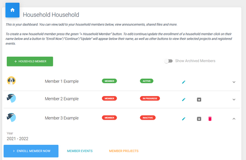 Screenshot of the dashboard for a ZSuite Household Re-enrolling
