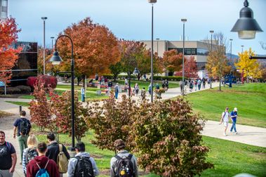 Photo of WVU Evansdale Campus with Students Walking Sidewalks