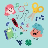 two cartoon kids' heads with a book, scissors, music notes, squiggly lines, flying WV, and 4-H Clover