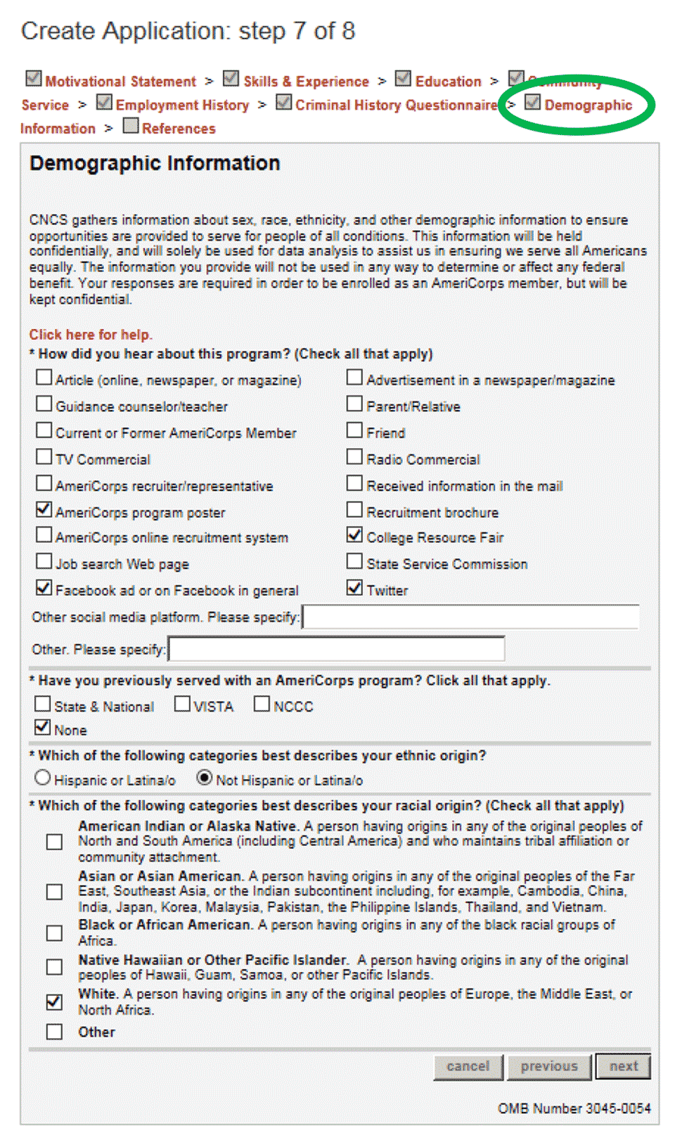AmeriCorps application step 7: click the Demographic Information Checkbox and then click Next.