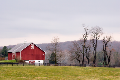 red barn on an overcast winter morning