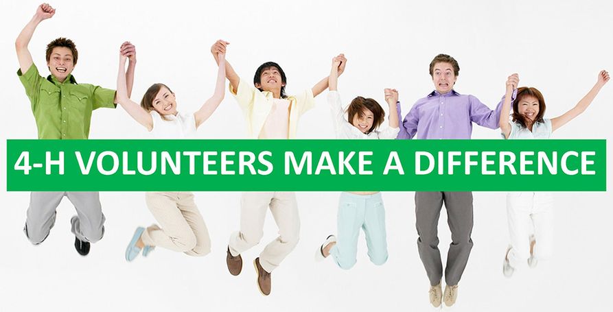 Image of six youth jumping, with text overlay that says, "4-H Volunteers Make a Difference"