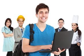 Teen with laptop in front middle with four people in background dressed in various careers