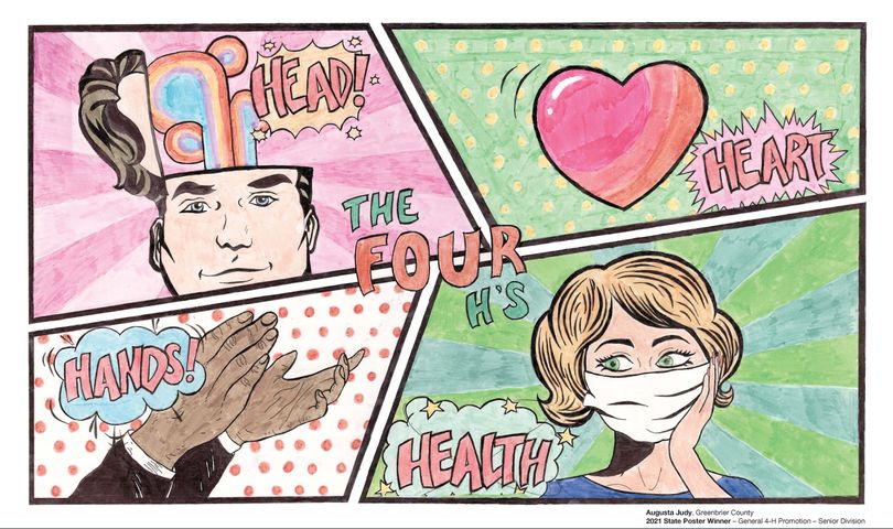 Comic book photo showing the 4-H pledge, including artwork of of head, heart, hand and health.
