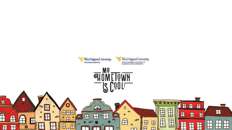 "My Hometown is Cool" text above drawing of a row of houses. Graphic.