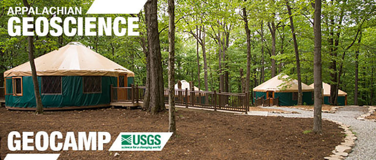 Geoscience camp - wooded area with portable round buildings for campers