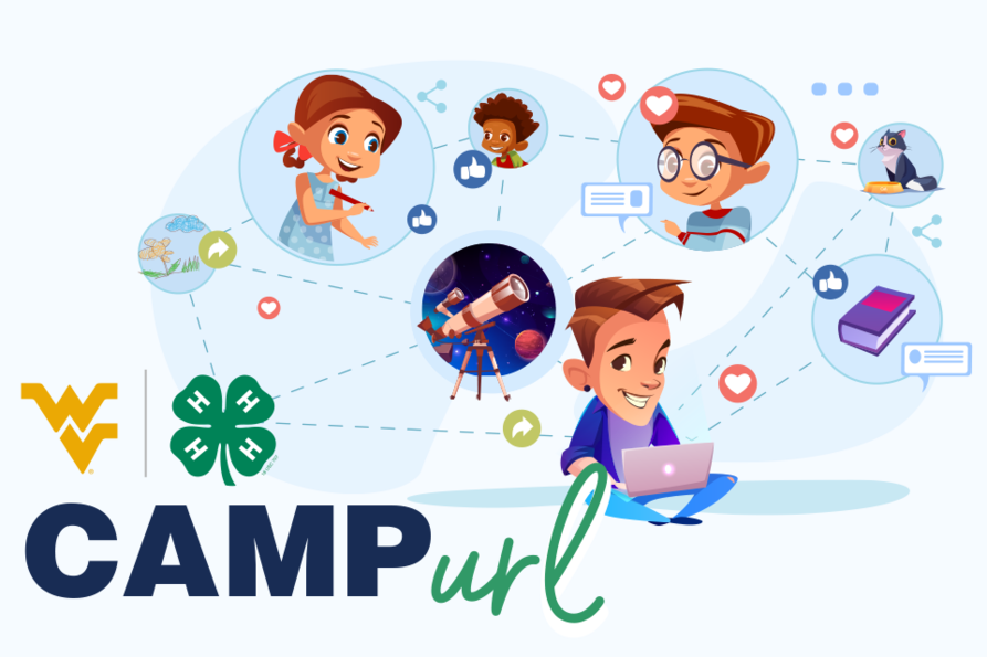 Camp URL logo with a graphic of kids connecting with others and sharing their interests digitally