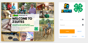 Screenshot of the homepage for https://4h.zsuite.org/.  There is a collage of images on the left and the ZSuite logo on the right with fields below to log into a ZSuite account
