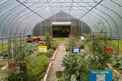 A high tunnel where elementary school students are growing fresh fruits and vegetables.