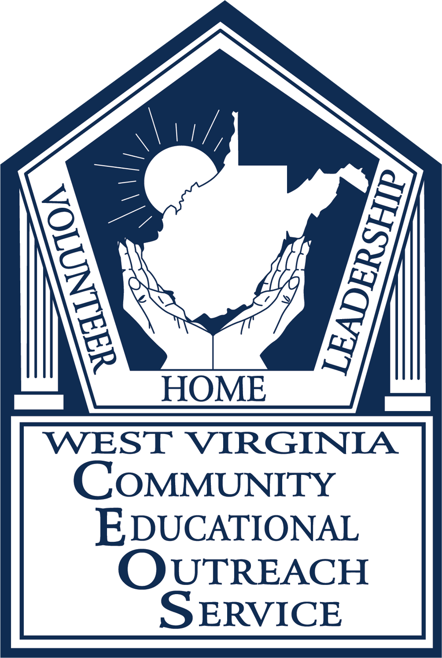 WV Community, Educational Outreach Service Logo - Volunteer, Home, Leadership. An image of a set of hands uplifting the state of West Virginia with the sun shining in the background.