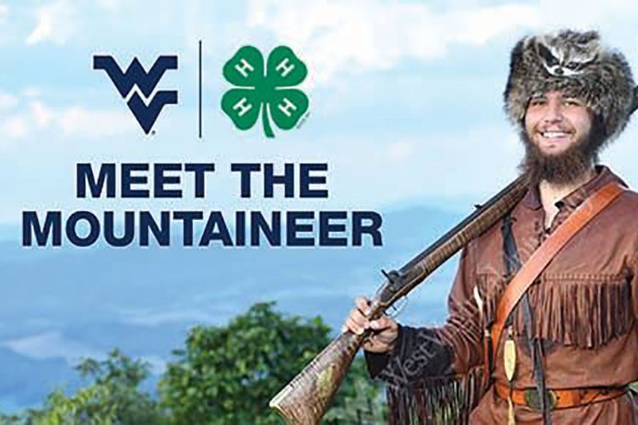Mountaineer holding Musket with Mountain scene in background. Text that reads "Meet The Mountaineer". WVU Extension Service Logo. 4-H four leaf clover logo. 