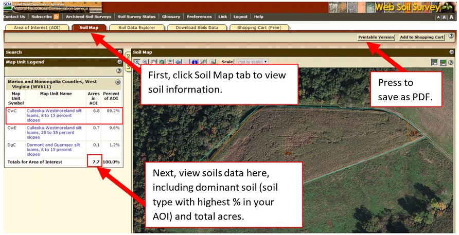 An onscreen image of the web soil survey highlighting instructions.