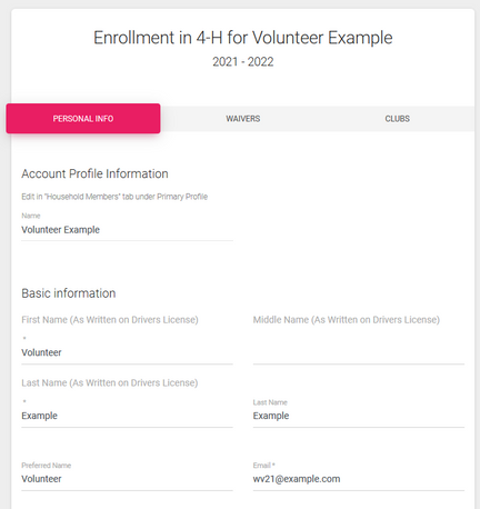 Screenshot of the enrollment form for a 4-H volunteer in ZSuite