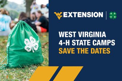 A green drawstring bag on the ground with people in the background. A blue box with the flying WV, word "Extension," and green 4-H clover.  Text says "West Virginia 4-H State Camps Save the Dates"