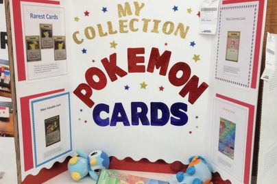 Trifold display of My Collection of Pokemon cards, binder with pokemon cards, and two stuffed animals