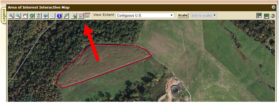 An onscreen image of the web soil survey area of interest highlighted by an arrow.