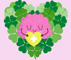 Cartoon brain holding a heart with a plus sign laying on top of clovers in the shape of a heart