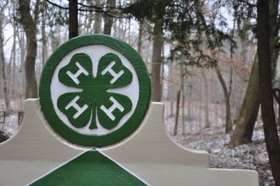 The 4-H clover emblem on a wooden sign