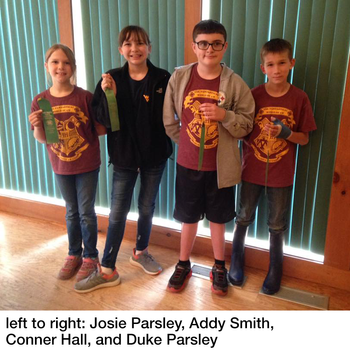 Wayne County Junior Forestry Team with ribbons; left to right: Josie Parsley, Addy Smith, Conner Hall, and Duke Parsley
