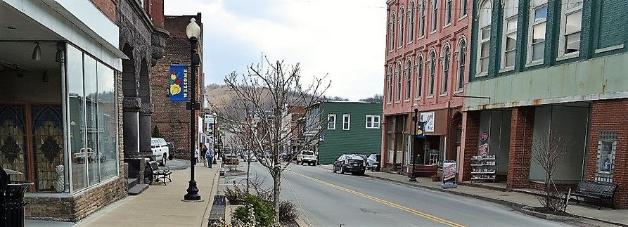 Looking down a West Virginia town's mainstreet.