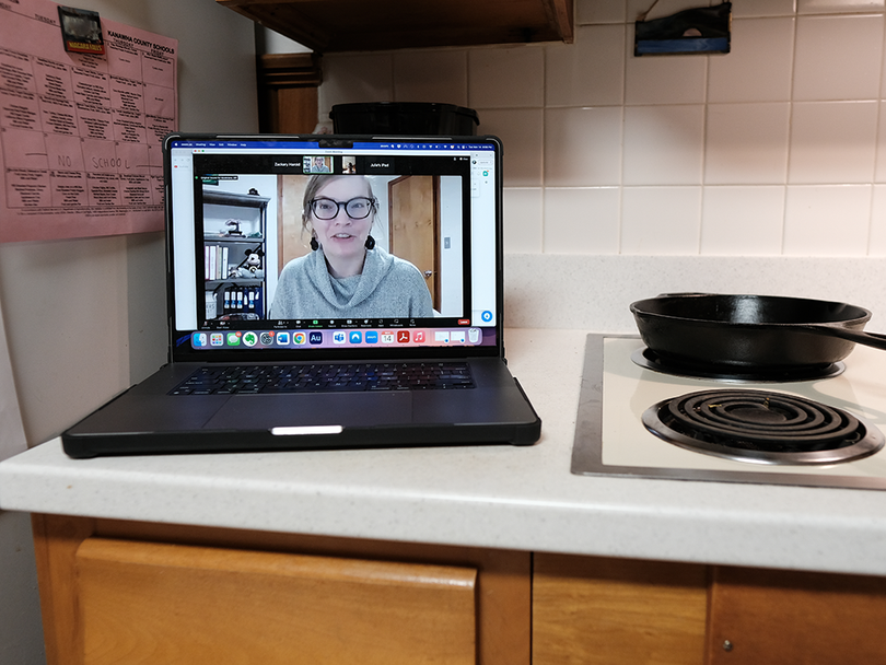 A laptop featuring a Zoom call where FNP educator Heather Cook is teaching an online nutrition class