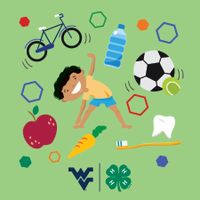 cartoon kid with an apple, carrot, bicycle, water bottle, soccer ball, tooth, toothbrush, flying WV, and 4-H Clover
