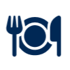 Blue icon depicting a fork, plate and knife.