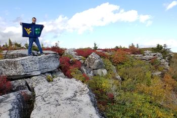 Boy holding Flying WV 4-H Clover flag on a rock at Dolly Sods