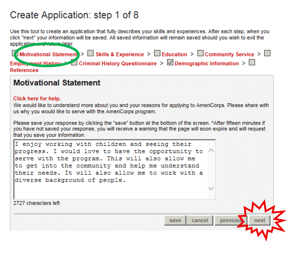 AmeriCorps application step 1: click the Motivational Statement Checkbox and then click Next.