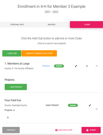 Screenshot of the club tab for a 4-H member re-enrolling in ZSuite