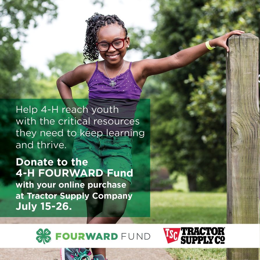 Help 4-H reach youth with critical resource to help them keep learning and thrive. Donate to the 4-H Fourward Fund with online purchase at Tractor Supply Company July 15-26