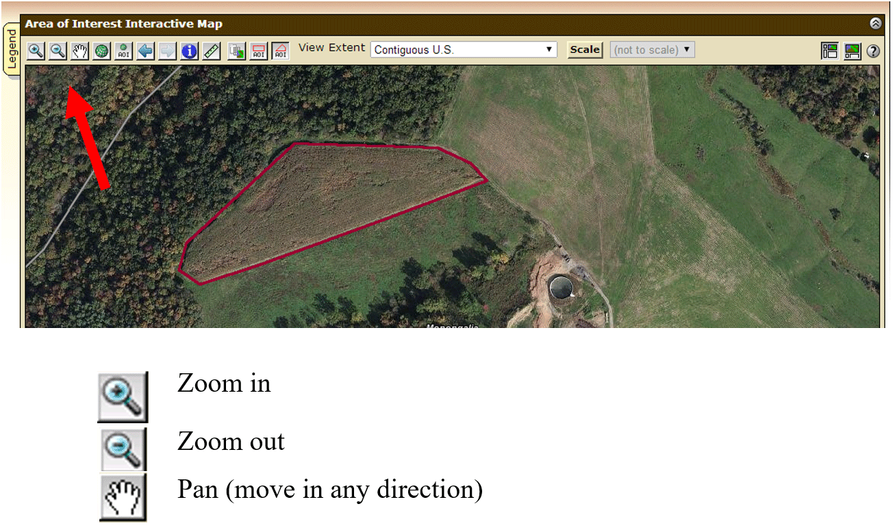 An onscreen image of the web soil survey highlighting zoom and pan icons.