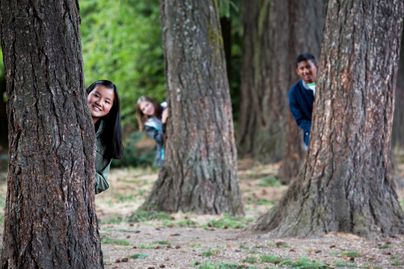 Three teens peaking out from behinds trees