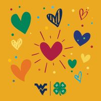 cartoon hearts, squiggly lines, flying WV, and 4-H Clover