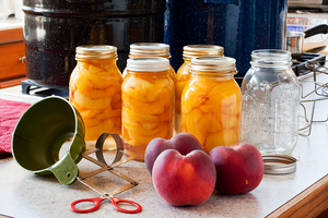 Image of canned peaches sitting beside a water bath canner.